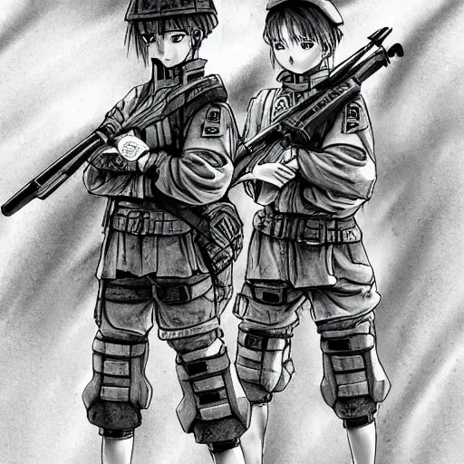 Image similar to manga, monochromatic, miura kentaro, soldier girl character, sandbags, soldier clothing