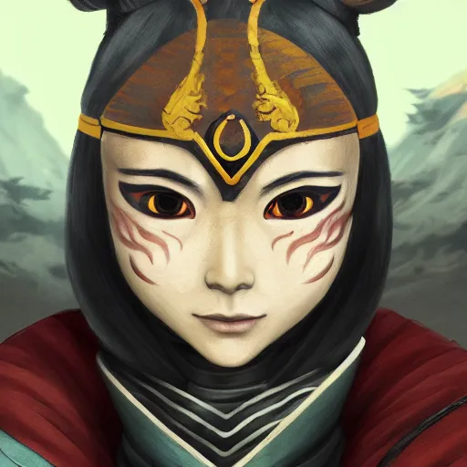 Prompt: portrait of Kyoshi Warrior from The Last Airbender in facepaint, digital art, highly detailed, concept art, intricate, sharp focus, Trending on Artstation HQ, unreal engine 5, 4K UHD image