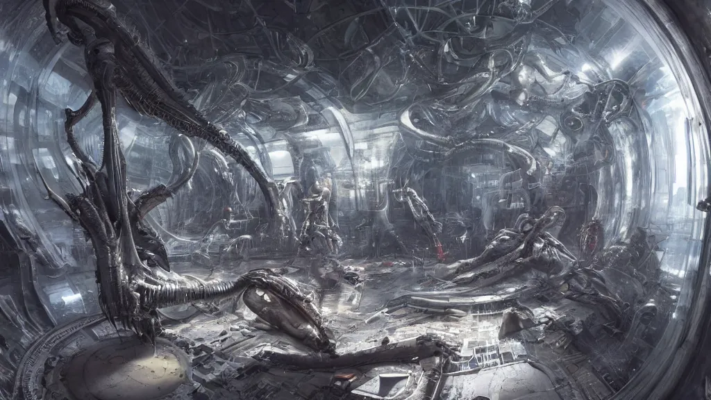 Prompt: a Photorealistic dramatic hyperrealistic,hyper detailed render by Greg Rutkowski,Craig Mullins,Nicolas Bouvier SPARTH, Juan Gimenez,Enki Bilal,ILM of an Epic Sci-Fi, gigantic Alien xenomorphs inside huge cylindrical glass cryo chambers, glowing liquid within the cryo chambers,intricate bio mechanical surface details,view of an interior of laboratory space in a top secret research facility,many tubes and cables hanging from the ceiling connected to the cryo chambers,vibrant nature,anime style,intricate bio mechanical surface details,Beautiful dynamic dramatic dark moody lighting,contrast and shadows,Volumetric,Cinematic Atmosphere,Octane Render,Artstation,8k