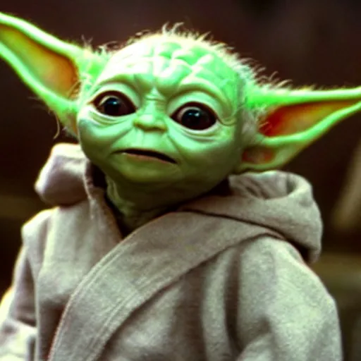 Prompt: A film still of Baby Yoda as a Jedi king wearing his crown realistic,detailed