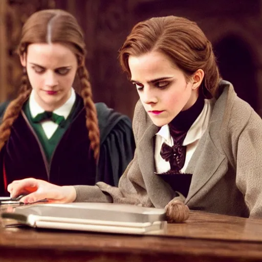 Image similar to Photo of Emma Watson using a computer next to Professor McGonagall in Hogwarts