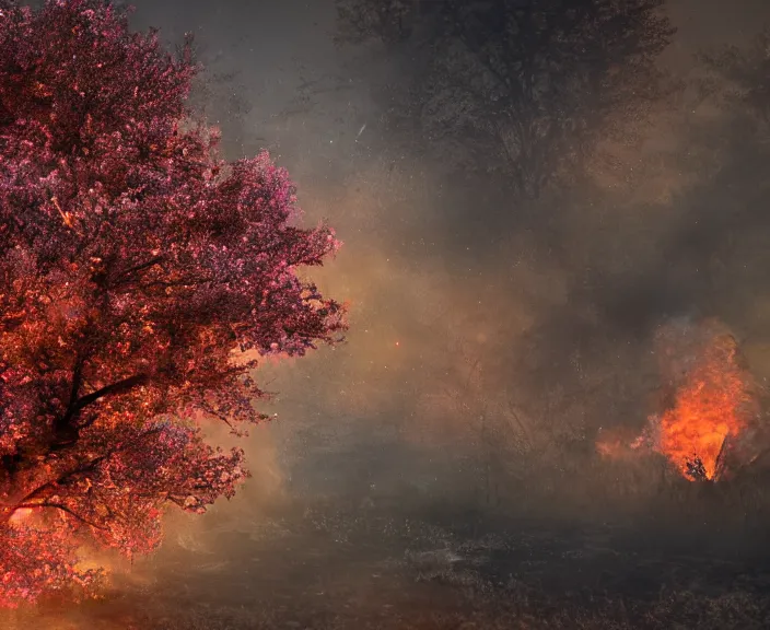 Prompt: 4 k hd, high detail photograph of blossoming tree, apocalyptic scenery, fire, shot with sigma f / 4. 2, 2 5 0 mm sharp lens, wide shot, volumetric lighting, high level texture render