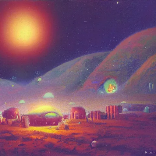Image similar to a village on saturn by paul lehr,