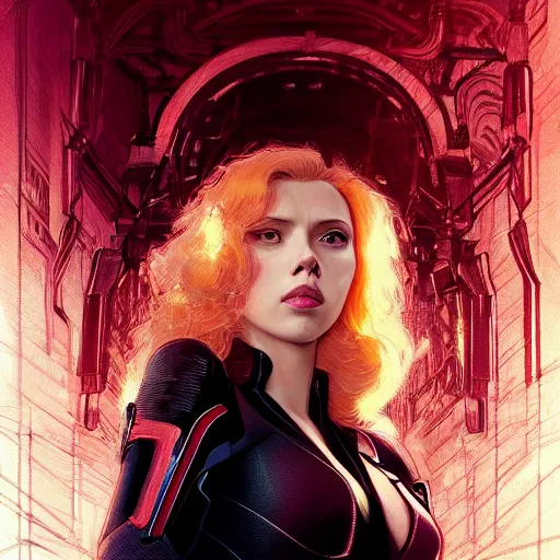 Prompt: Scarlett Johansson as the Black Widow, intricate, highly detailed, digital painting, artstation, concept art, sharp focus, illustration, art by greg rutkowski and alphonse mucha