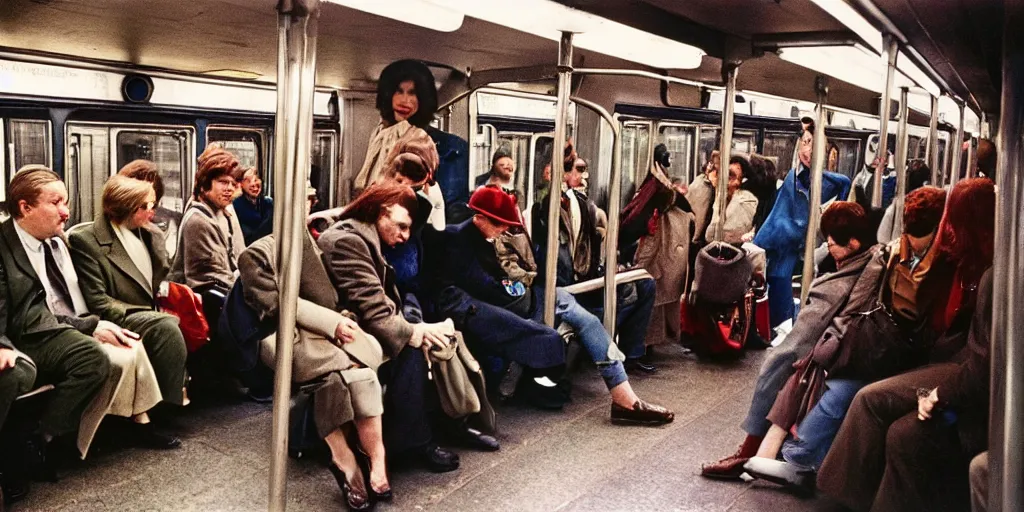 Prompt: 1 9 7 0's new york subway, coloured film photography, christopher morris photography, bruce davidson photography