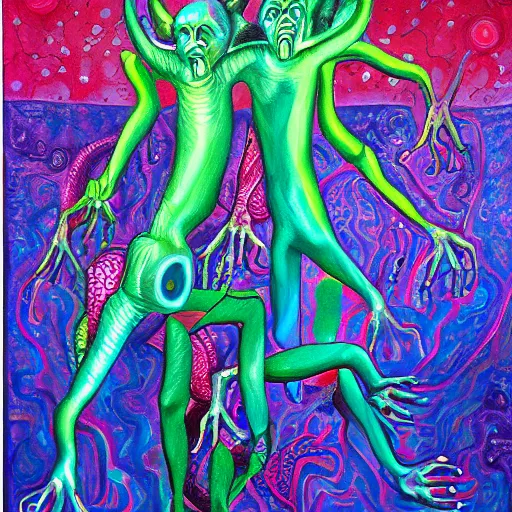 Prompt: an anthromorphic alien cult, 8 arms, by amanda clark in a psychedelic style, oil on canvas