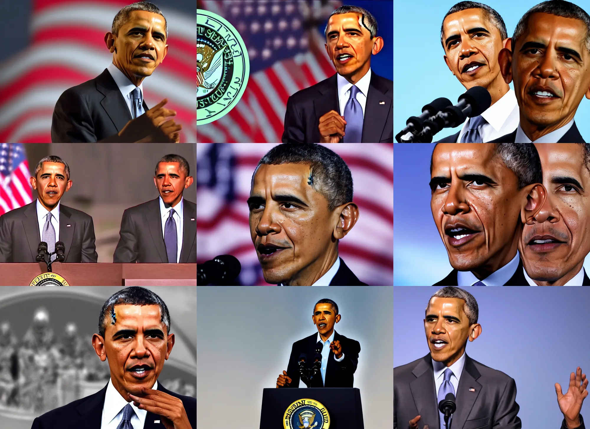 Prompt: distorted footage of Barack Obama giving a speech introducing our new Alien overlords
