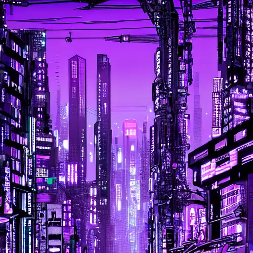 Image similar to Cyberpunk neon Tokyo skyline in style of Tsutomu Nihei in purple and black tones. Cyberpunk, vertical symmetry, 8K, Highly Detailed, Intricate.