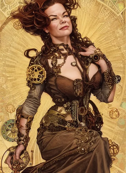 Image similar to Claudia Christian as a beautiful steampunk woman, intricate, elegant, highly detailed, centered, digital painting, artstation, concept art, smooth, sharp focus, illustration, art by artgerm and donato giancola and alphonse mucha