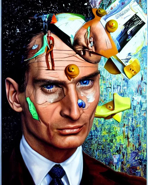 Image similar to a surrealistic portrait of Patrick Bateman, centered face, painting by Patrick Woodroffe and Salvador Dali, highly detailed, trending on artstationhq