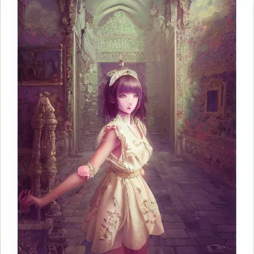 Image similar to beautiful young girl in intricate clothing by artgerm, walking in a castle painted by wlop, reflections, very high intricate details, painting, digital anime art, medium shot, mid - shot, ilya kuvshinov, krenz cushart, greg rutkowski, sana takeda