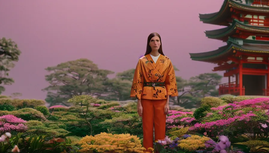 Image similar to , movie still by wes anderson of a beautiful girl wearing gucci exploring a magical japanese garden of flowers, glowing temple in the distance, floating deity heads, magic details, cinestill 8 0 0 t eastmancolor technicolor, high quality, very detailed, heavy grain, fine facial features, 8 k, octane render