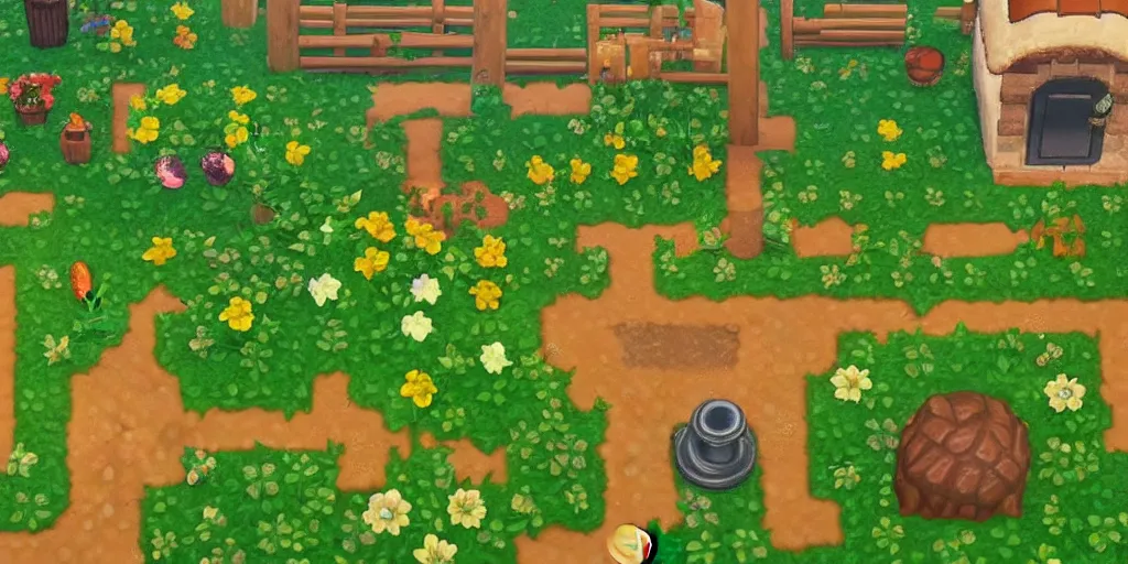 Image similar to miniature garden, cottagecore, animal crossing, stardew valley, moss, plants, cute, friendly