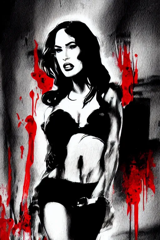 Image similar to dream of a film still from sin city, closeup portrait of film noir megan fox private detective, detailed illustration, digital art, trending on artstation, frank miller, martin ansin, movie poster, dripping paint, red on black, graffiti, gta v,