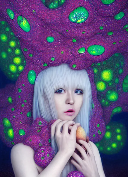 Image similar to hyper detailed 3d render like a Oil painting - kawaii portrait Aurora (white haired Singer Weasle) seen Eating of the Strangling network of yellowcake aerochrome and milky Fruit and Her delicate Hands hold of gossamer polyp blossoms bring iridescent fungal flowers whose spores black the foolish stars by Jacek Yerka, Mariusz Lewandowski, Houdini algorithmic generative render, Abstract brush strokes, Masterpiece, Edward Hopper and James Gilleard, Zdzislaw Beksinski, Mark Ryden, Wolfgang Lettl, hints of Yayoi Kasuma, octane render, 8k