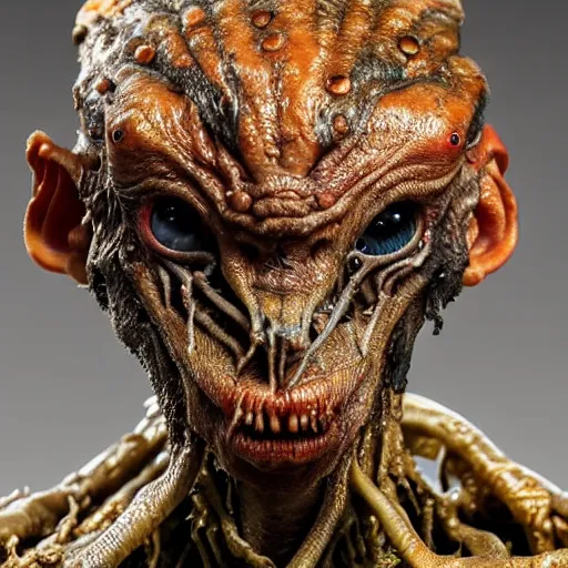 Image similar to photo taken of an epic intricate, ultra detailed, super realistic gritty, wet, slimy, lifelike sculpture of a nightmarish hellish humanoid faced insectoid creature created by weta workshop, menacing, some zoomed in shots, extremely photorealistic, sharp focus