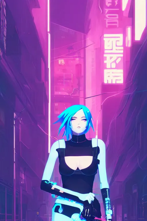 Image similar to digital illustration of cyberpunk pretty girl with blue hair, wearing a black dominatrix outfit, in city street at night, by makoto shinkai, ilya kuvshinov, lois van baarle, rossdraws, basquiat