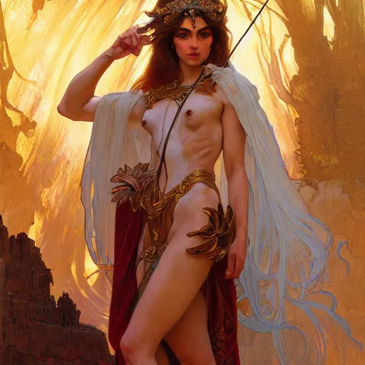 Prompt: painted portrait of artemis wearing a cloak, greek god, feminine, powerful, beautiful, upper body, muscular, fantasy, intricate, elegant, highly detailed, digital painting, artstation, concept art, smooth, sharp focus, illustration, art by gaston bussiere and alphonse mucha