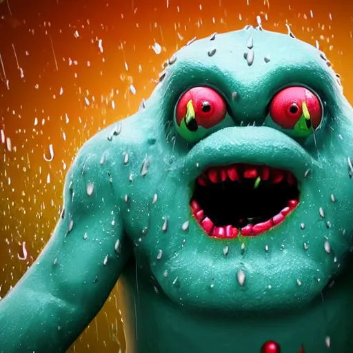 Prompt: the pain is splattered on the sad monster's green face on a rainy day with huge waves crashing against him, hints of red and yellow, fantasy, unreal engine