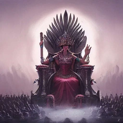 Prompt: a fantasy painting of a crowd around a queen sitting on a throne by Dawid Planeta