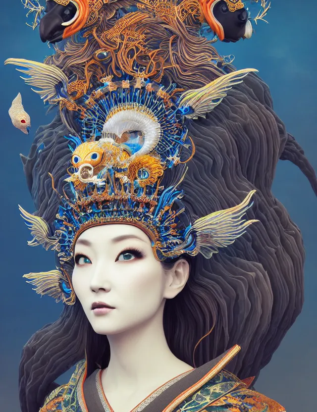 Image similar to 3 d goddess close - up profile portrait with crown, ram skull. beautiful intricately detailed japanese crow kitsune mask and clasical japanese kimono. betta fish, jellyfish phoenix, bio luminescent, plasma, ice, water, wind, creature, artwork by tooth wu and wlop and beeple and greg rutkowski