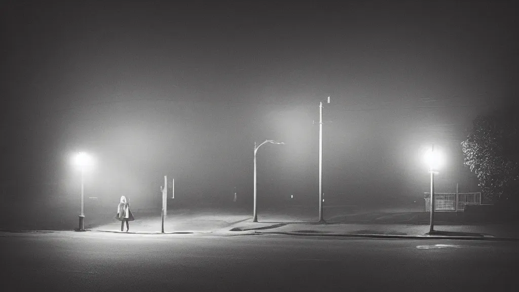 Image similar to “ quiet american neighborhood at night, a woman waiting, photography in the style of gregory crewdson, mist ”