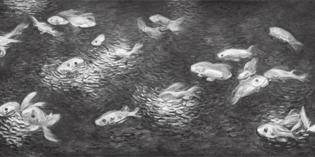 Image similar to An aesthetically pleasing, dynamic, energetic, lively, well-designed digital art of goldfish in a pond viewed from underwater, light and shadow, chiaroscuro, by Claude Monet and Vincent Van Gogh, superior quality, masterpiece, excellent use of negative space. 8K, superior detail, widescreen.