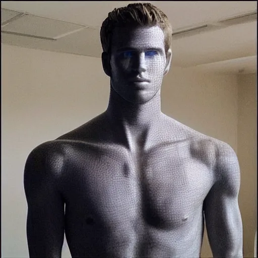 Image similar to “a realistic detailed photo of a guy who is an attractive humanoid who is half robot and half humanoid, who is a male android, actor Liam Hemsworth, shiny skin, posing like a statue, blank stare, at the museum, on display”