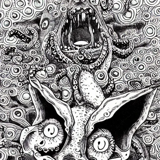 Image similar to a horrifying corgi demon with many eyes and tentacles, detailed manga drawing by junji ito, kentaro miura