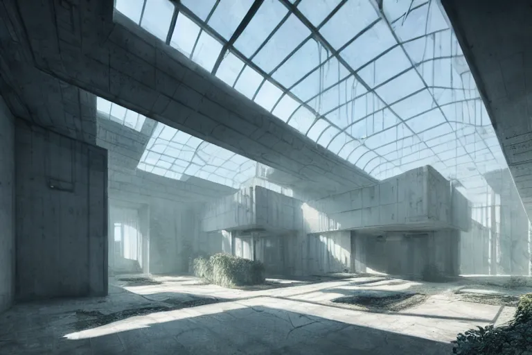 Prompt: hyper realistic interior photo of a white concerete brutalist museum mixed with giant victorian greenhouse, style of simon stalenhag, cinematic and blue cold atmospheric, archillect concept art, artstation, volumetric light rays