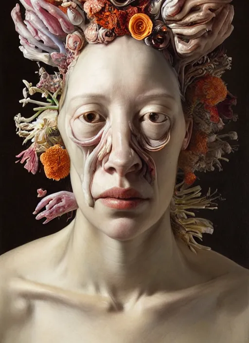 Prompt: strange, looming head, biomorphic painting of a woman expressive face by jenny saville and charlie immer, wearing a small, ornate crown made of flowers and bones by rachel ruysch, highly detailed, emotionally evoking, head in focus, volumetric lighting, melting, drippy oil painting,