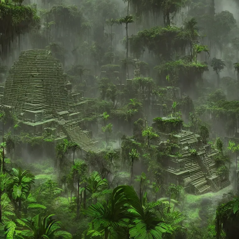 Image similar to a lost ancient mayan futuristic city in the jungle with vines and moss covering the ruins mysterious enigmatic unreal engine 4 k by iain mccaig and jan toorop