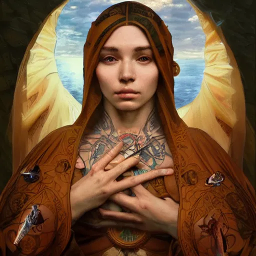 Image similar to Virgin Mary, facial tattoos, artists portrait, biomechanical, heaven, fantasy, highly detailed, digital painting, concept art, sharp focus, depth of field blur, illustration, art by artgerm and greg rutkowski and alphonse mucha