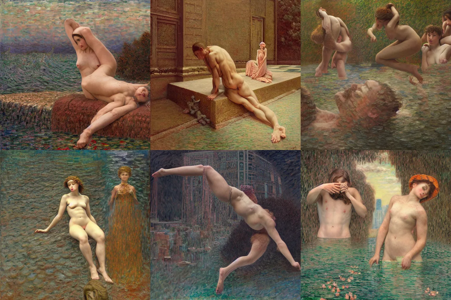 Prompt: metaphor of the collapse of a physical structure, figures, in the style of jeremy enecio, intricate, miles johnston, monet, cynical realism, john william godward, painterly, yoshitaka amano, miles johnston, louise zhang, matt murphy, enes dirig, pekka halonen, finnish naturalism, realism