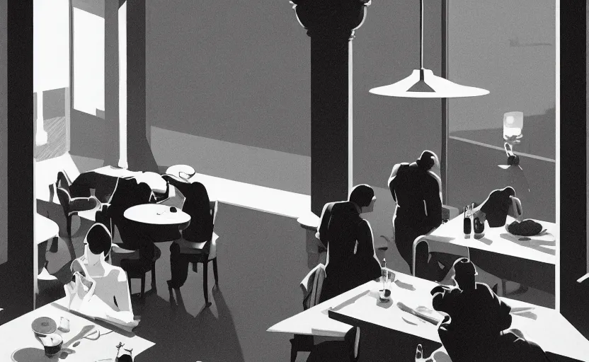 Image similar to a mysterious dinner scene illustration by atey ghailan and escher and edward hopper, surreal