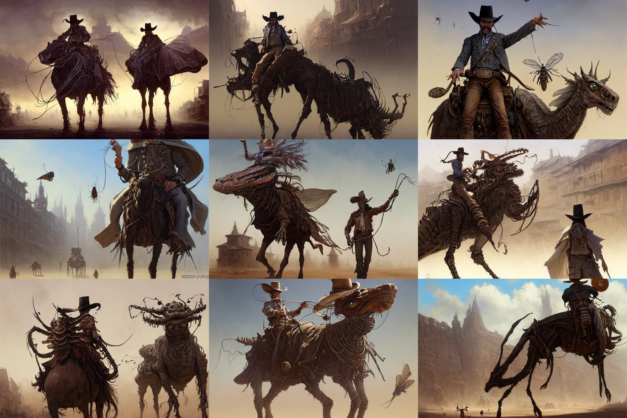 Prompt: A very highly detailed cowboy wizard with a highly detailed face with spellbooks and potions riding on a very higly detailed large grasshopper insect on the street of a wild west town digital rational painting art by Greg Rutkowski, sci-fi highly detailed, digital concept art, sharp focus, realistic concept art by Stephen Hickman and James Gurney and Hiromasa Ogura Ghost in the Shell rendered in Octane Render, From the distance