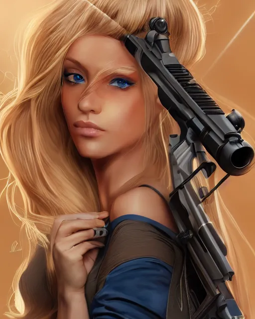 Image similar to side closeup of beautiful blonde female with blue eyes aiming l 9 6 a 1 rifle at target, award winning photography, extremely detailed, artstation, 8 k, sensual lighting, incredible art, wlop, artgerm, backlit, rim lighting, hi - fructose, cellshading, intricate lineart