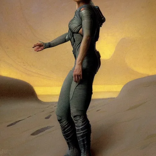 Prompt: masterpiece full body portrait of Ripley with a perfect body on Dune, by Edgar Maxence and Ross Tran and Michael Whelan and Gustav Klimpt