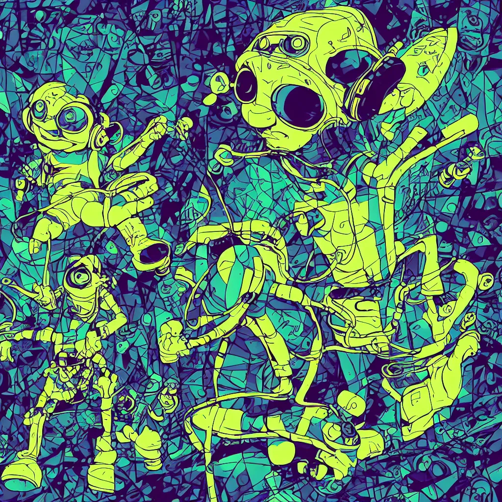 Image similar to a toad wearing headphones, ryuta ueda artwork, breakcore, style of jet set radio, y 2 k, gloom, space, cel - shaded art style, sacred geometry, data, minimal, code, cybernetic, dark, eerie, cyber