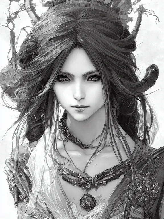 Prompt: magitek sorceress, dnd, highly detailed, detailed face, grayscale, manga illustration, by artgerm, greg rutkowski, alphonse mucha