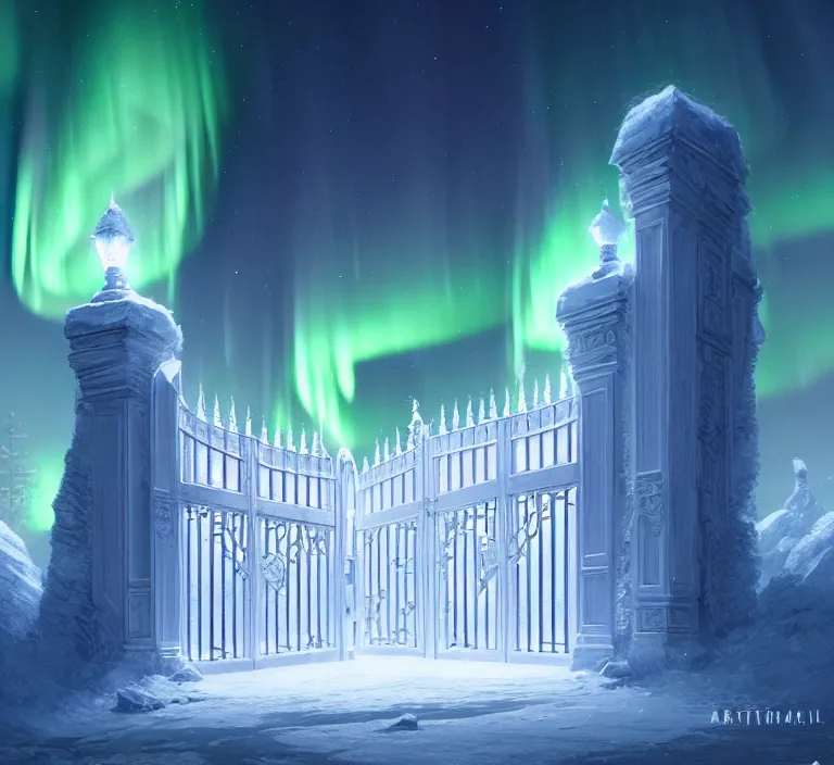 Image similar to a very detailed concept art of intricate and well designed white gates to aurora borealis infused with magic by greg rutkowski, dynamic lighting trending on artstation, symmetry, digital art, 4 k, hyper realistic, octane render, sharp focus