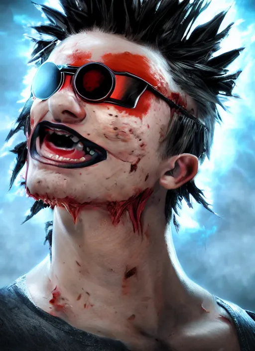 Prompt: An epic fantasy comic book style portrait painting of young man with red spiked long hair, using an orange lens googles. Wearing a black waistcoat, white shirt. He is with a vicious smile in face. Unreal 5, DAZ, hyperrealistic, octane render, cosplay, RPG portrait, dynamic lighting