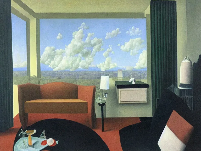 Prompt: cloudy living room, painting by rene magritte, centered, high detail, high resolution