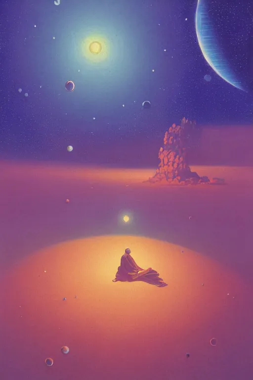 Image similar to a scifi multiverse scene in space of a spiritual being dreaming psychedelic hallucinations in cosmos, by kawase hasui, moebius, Edward Hopper and James Gilleard, Zdzislaw Beksinski, Steven Outram colorful flat surreal design, hd, 8k, artstation