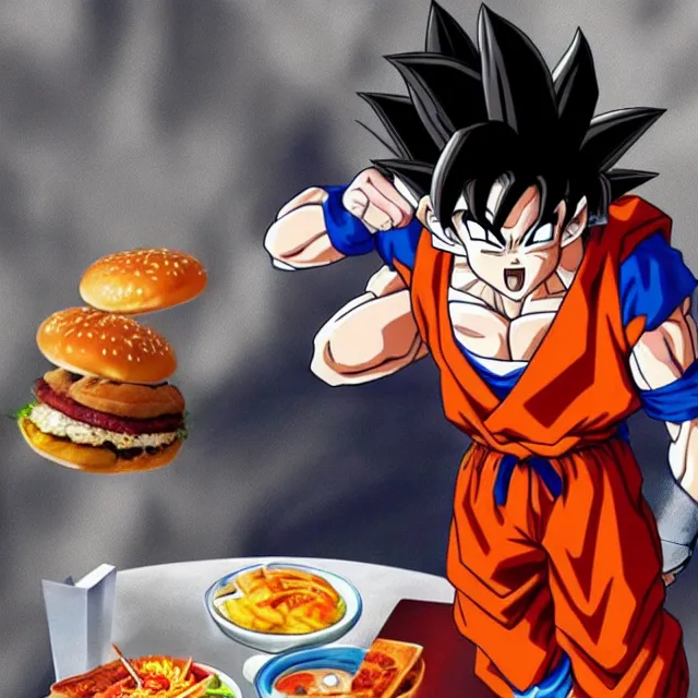 Image similar to goku eating inside a mcdonald's restaurant trending on artstation deviantart pinterest detailed realistic hd 8 k high resolution