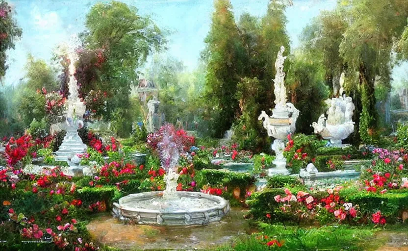 Image similar to Beautiful garden, next to a fountain and a mystical palace. By Konstantin Razumov, horror scene, highly detailded