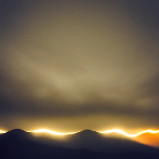 Prompt: silhouette of mountains made of light!!! bright cloudy sky, overexposed retro photography