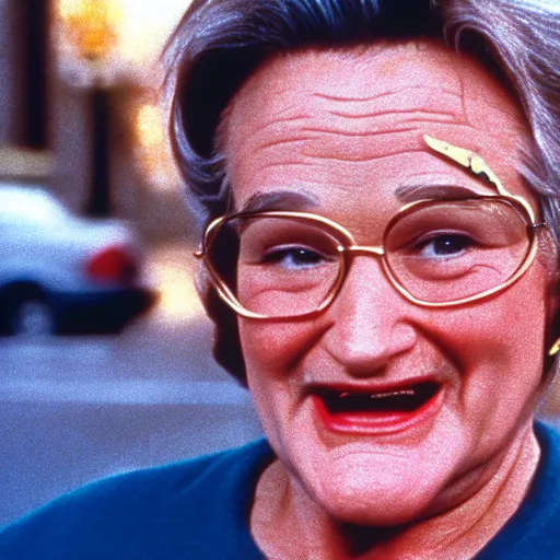 Image similar to robin williams dressed as mrs doubtfire in the movie mrs doubtfire ( 1 9 9 3 ), movie still, photo realistic, sigma 5 0 mm,