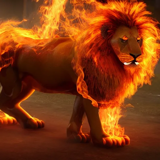 Image similar to fire lion, flaming, detail, unreal engine