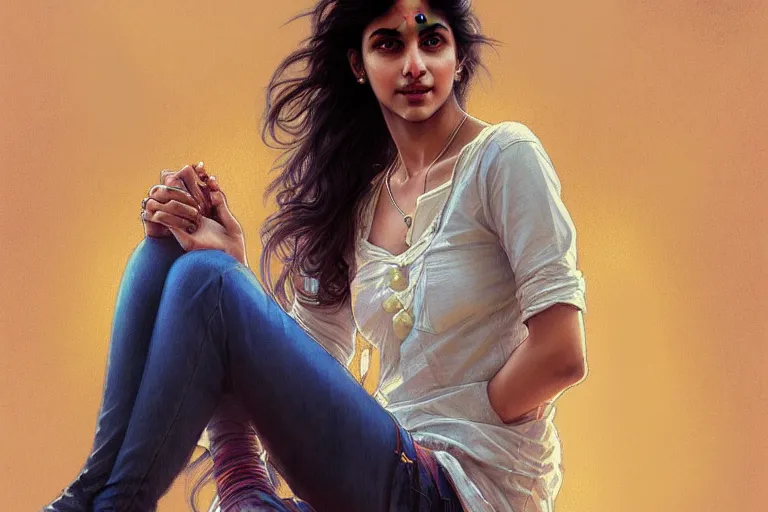 Prompt: Anxious pretty pale young Indian doctor wearing jeans at the airport, portrait, elegant, intricate, digital painting, artstation, concept art, smooth, sharp focus, illustration, art by artgerm and greg rutkowski and alphonse mucha